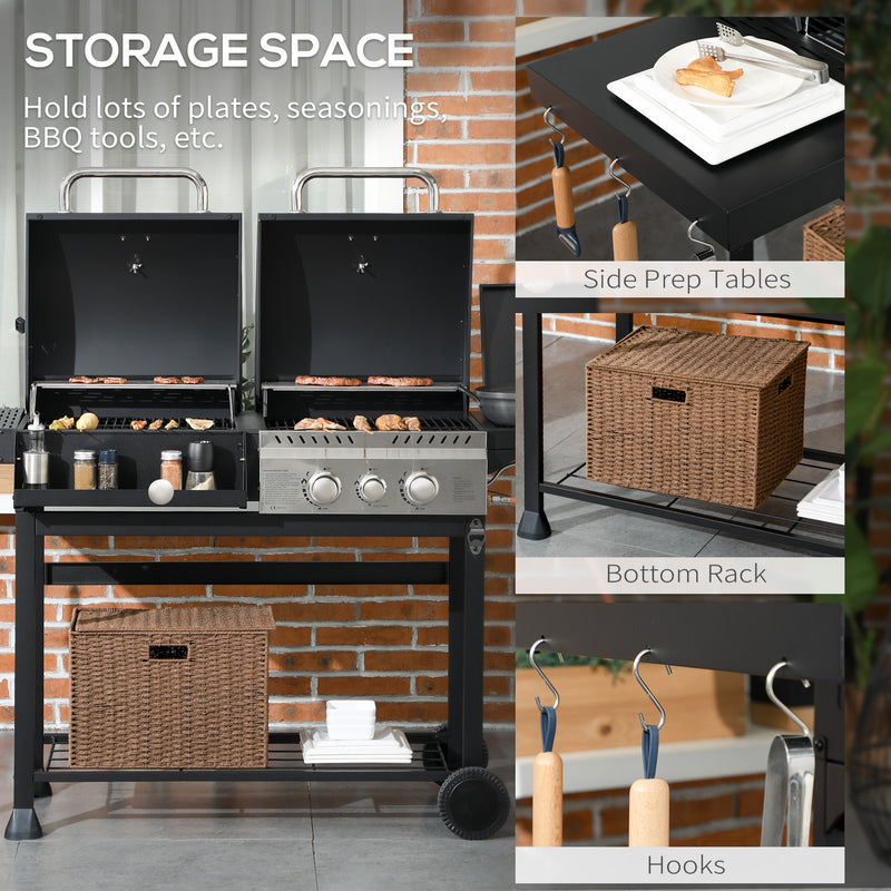 Dual Fuel BBQ Grill Charcoal and Gas with Lid and Side Shelves Black by Outsunny