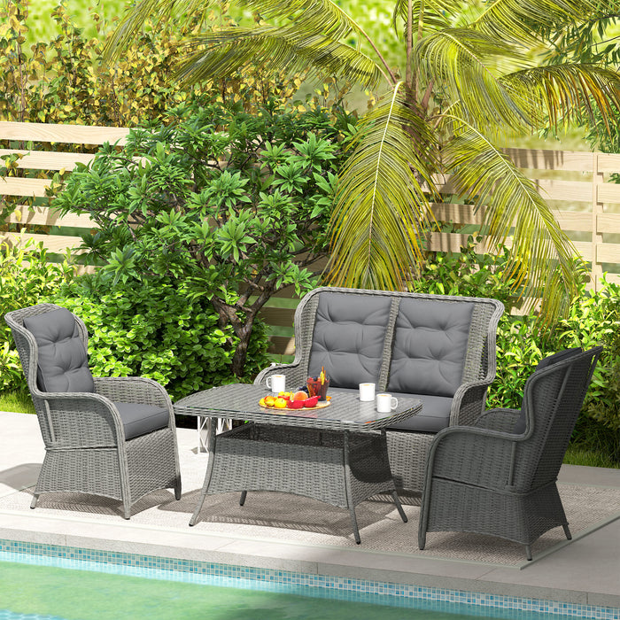 Light Grey 4 Seater Rattan Garden Sofa Set With Cushions and Glass Table by Outsunny