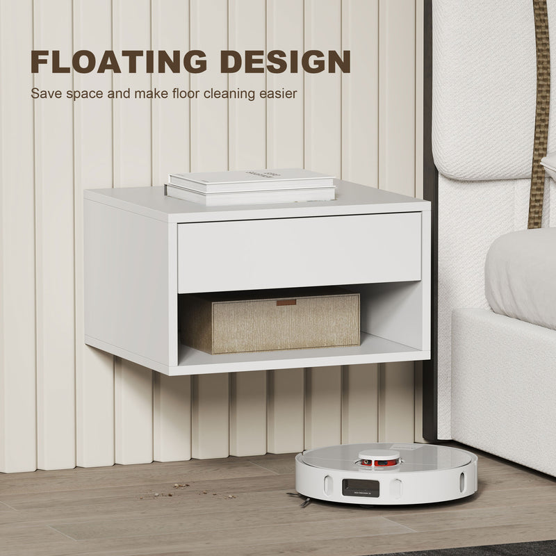 Floating Bedside Tables Set of 2 with Drawer and Shelf for Space Saving Bedroom Storage White AOSOM