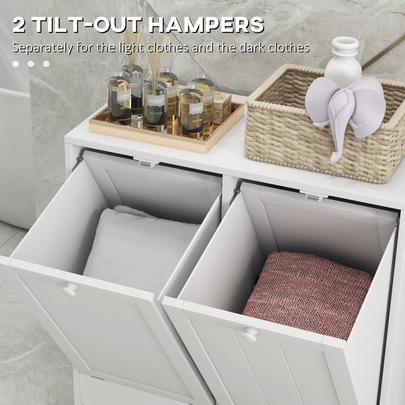Double Laundry Hamper Cabinet with Tilt Out Baskets for Bathroom or Bedroom Storage White