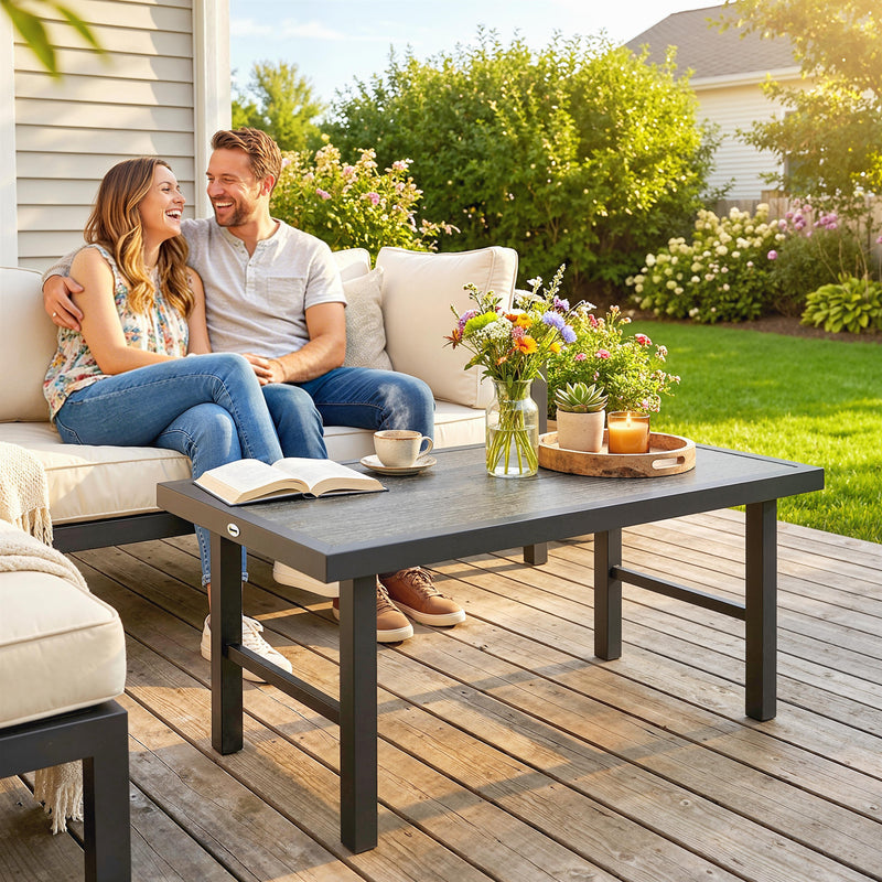 Outdoor Coffee Table with Spacious Wood Effect Top for Garden or Patio Dark Grey