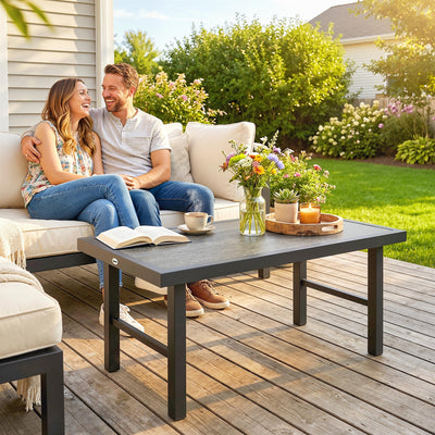Outdoor Coffee Table with Spacious Wood Effect Top for Garden or Patio Dark Grey Outsunny
