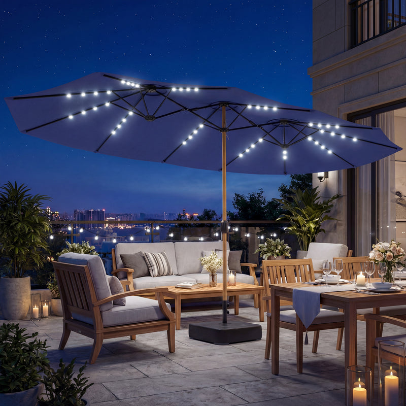 Double Garden Parasol with Extra-Large Canopy and Lights for Shaded Outdoor Dining. Navy Blue