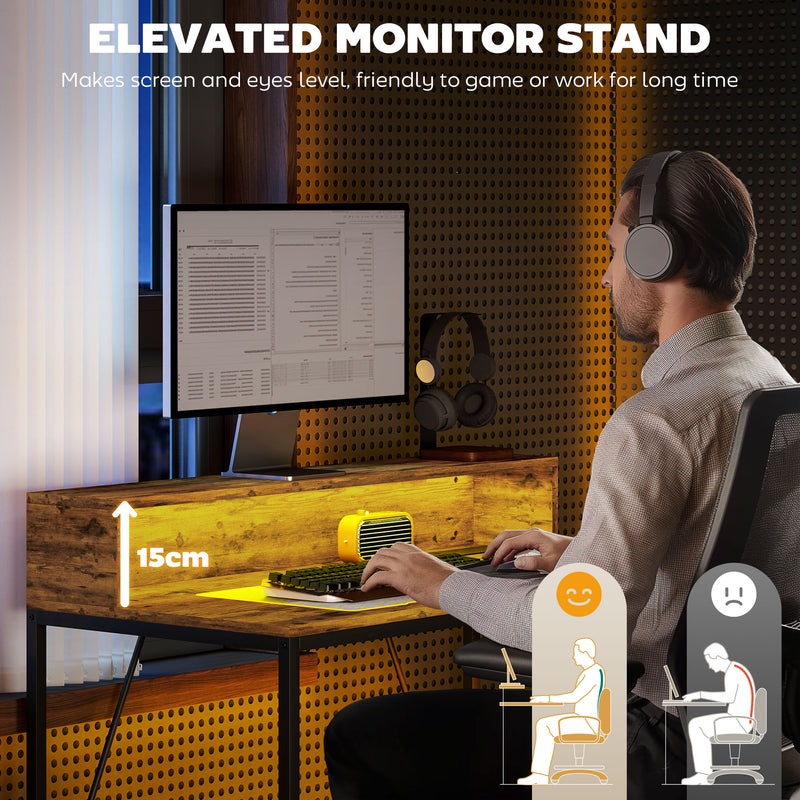 100cm Gaming Desk with LED Lights and Power Outlets Rustic Brown by HOMCOM