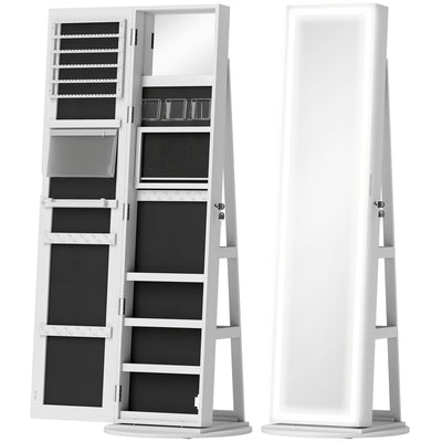 Free Standing Full Length Mirror Jewellery Armoire With LED Lights And Lockable Jewellery Storage White