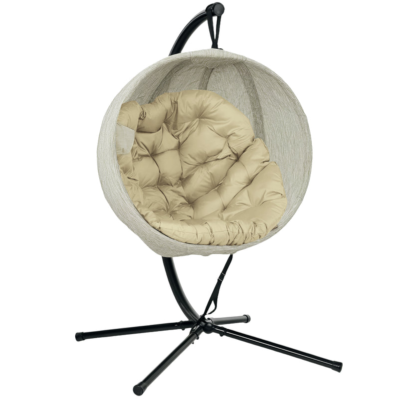 Khaki Hanging Egg Chair with Stand Thick Cushion and Cup Holder for Garden or Indoor Use by Outsunny