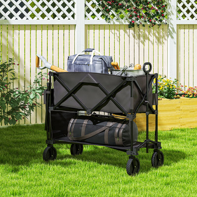 Black Double Decker Folding Trolley Wagon 200kg Load 350L Capacity for Camping and Beach