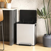 50L Dual Compartment  Recycling Bin For Kitchen With Deodoriser Holders Stainless Steel Silver