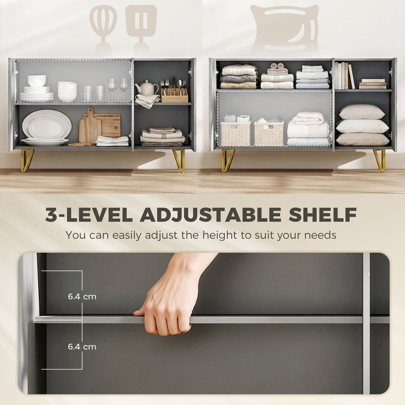 Sideboard Storage Cabinet with Adjustable Shelves for Living Room or Hallway High Gloss Grey AOSOM