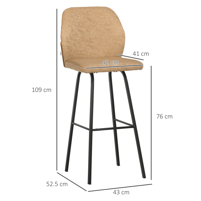 Set of 4 Upholstered Bar Stools with Backs and Steel Legs for Kitchen or Dining, Light Brown AOSOM