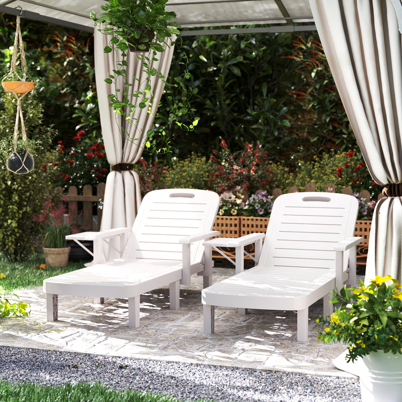 Set of 2 White Reclining Sun Loungers with Foldable Table for Garden and Beach by Outsunny