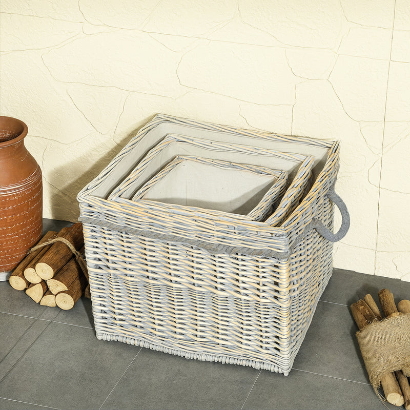 Set of 3 Round Log Baskets with Lining and Rope Handles for Fireside Storage