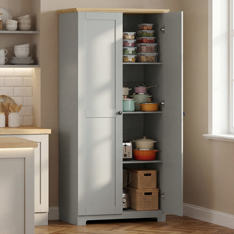 Tall Grey Freestanding Storage Cabinet For Kitchen with 4 Shelves - Modern Design 80x48x172cm Homcom