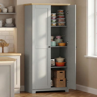 Tall Grey Freestanding Storage Cabinet For Kitchen with 4 Shelves - Modern Design 80x48x172cm Homcom