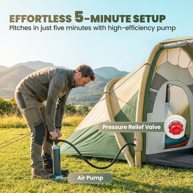 Inflatable Family Tent with Two Bedrooms and Quick 5 Minute Setup for Camping Green Brown