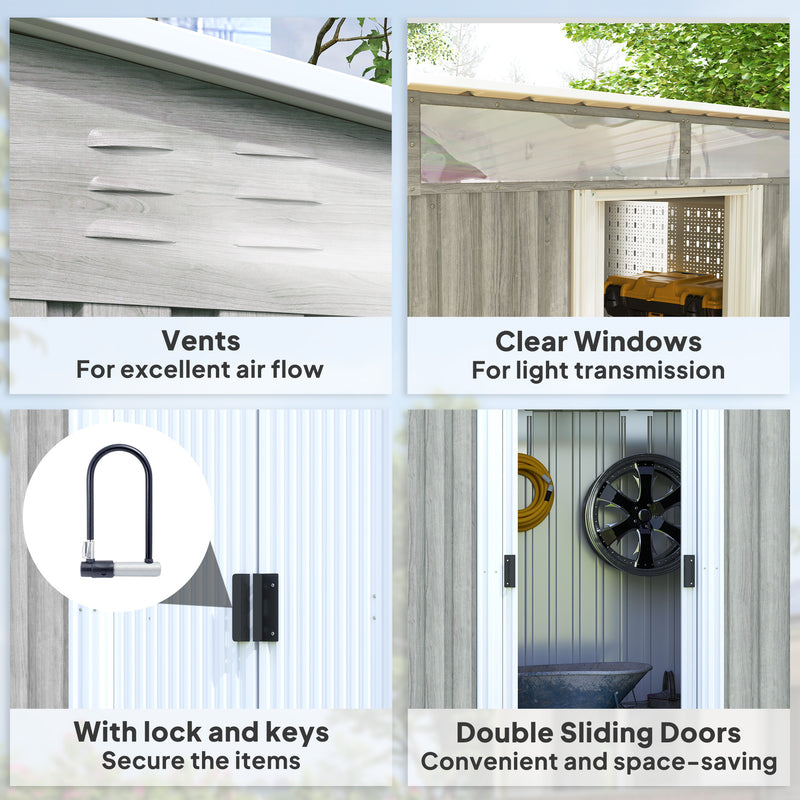 Light Grey Wood Effect Metal Garden Storage Shed with Sliding Doors and Base Kit by Outsunny