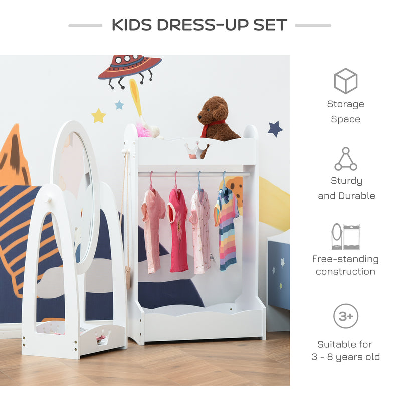 Kids White Clothes Rail With Rotating Full Length Mirror And Storage Shelves For Bedroom