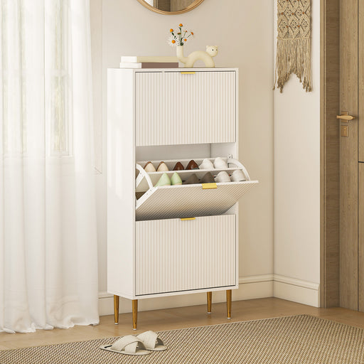Slim Shoe Storage Cabinet With 3 Flip Drawers Ideal For Hallways Or Entryways White