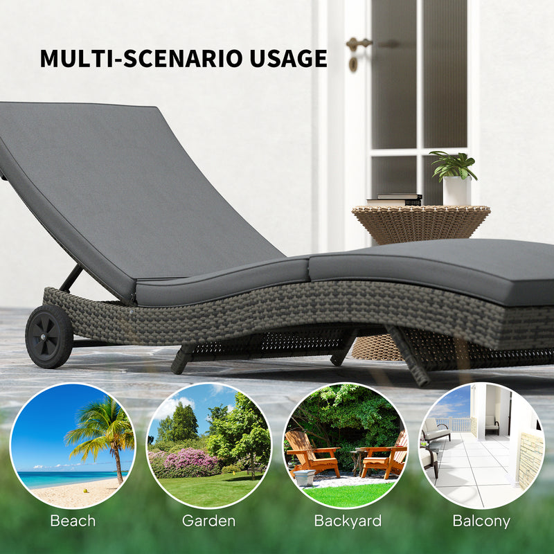 Dark Grey Rattan Sun Lounger With Adjustable Backrest and Wheels by Outsunny