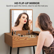 Industrial Vanity Desk with Flip Up Mirror and 16 Storage Compartments for Bedroom, Natural Wood Effect