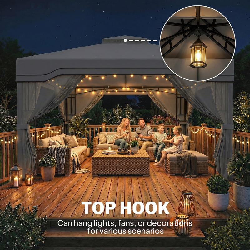 3x3.6m Metal Garden Gazebo with 2-Tier Roof and Mesh Panels for Cool Shaded Outdoor Seating, Dark Grey Outsunny