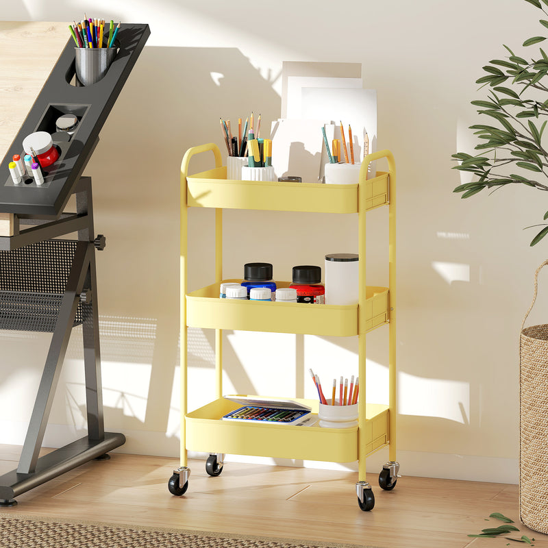 Three Tier Steel Storage Trolley With Wheels For Kitchen Or Office Use, Yellow