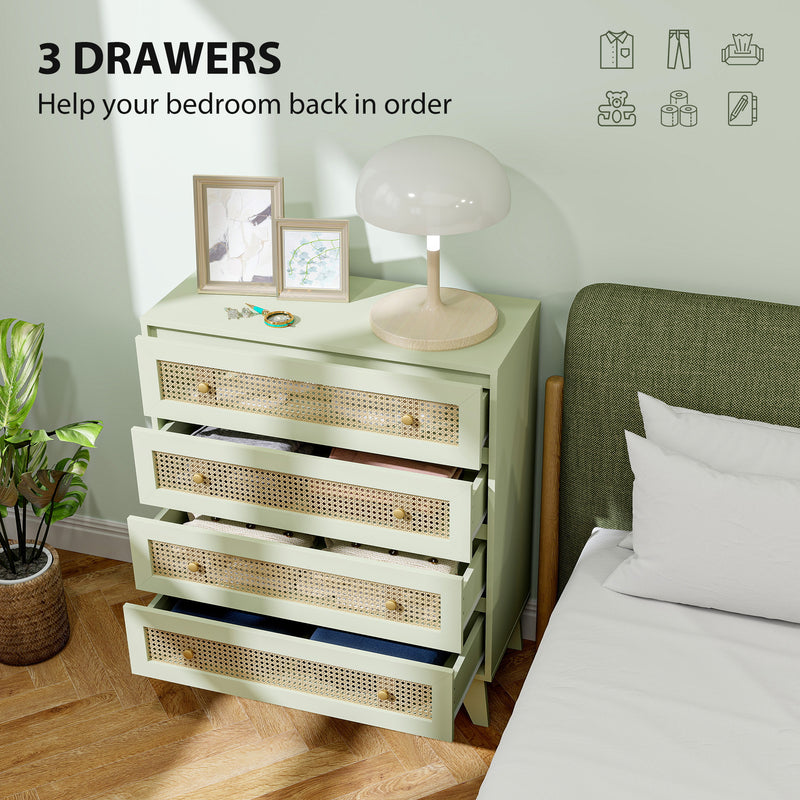 Light Green 4 Drawer Chest of Drawers with Rattan Front for Bedroom and Living Room Storage