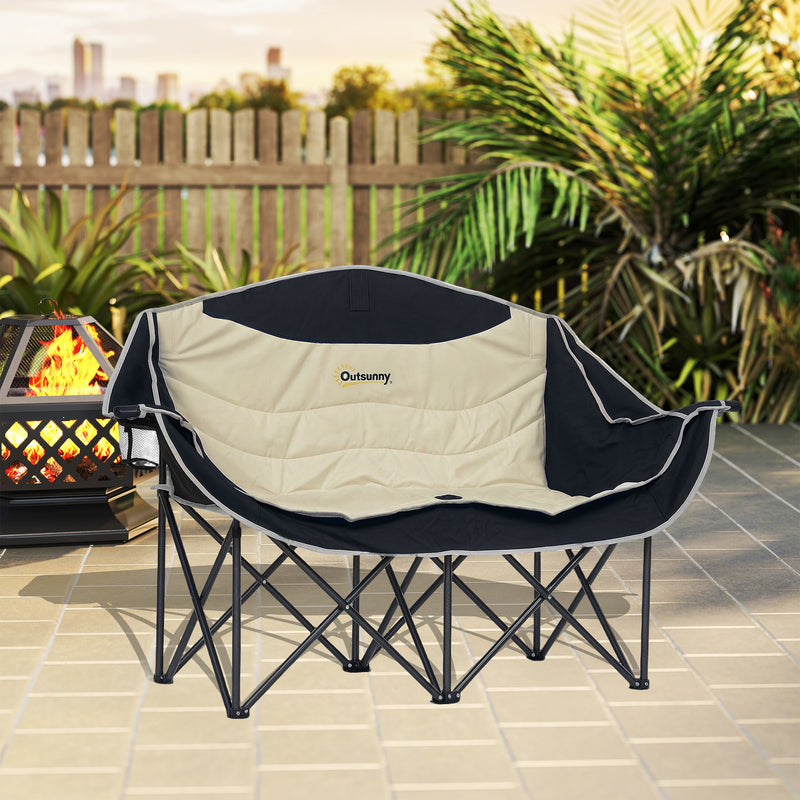 Double Camping Chair for Two with Padded Seats and Carry Bag for Outdoor Relaxing Khaki