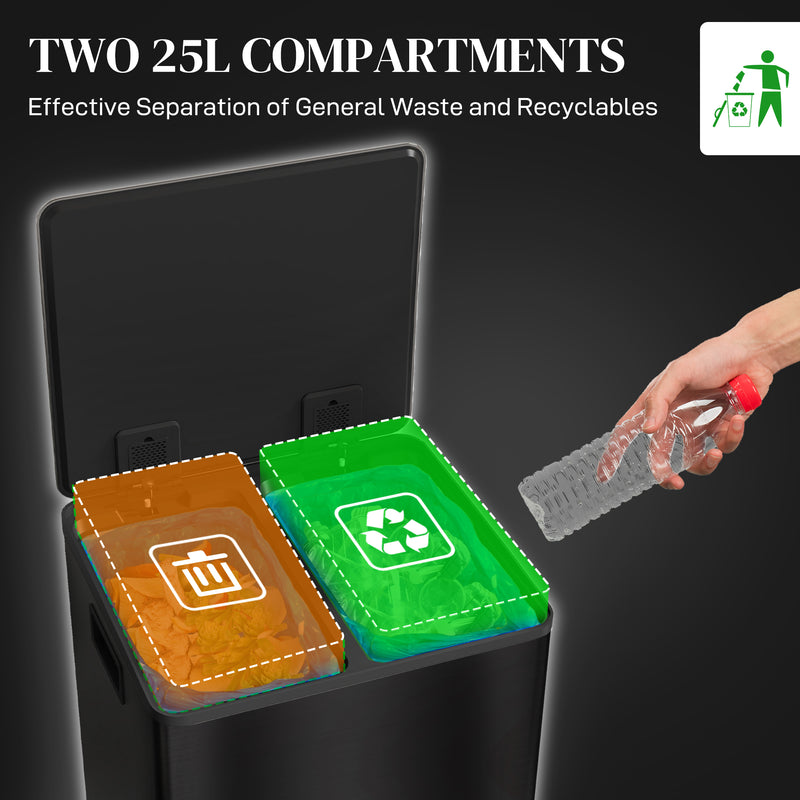 Black 50L Dual Compartment Indoor Kitchen Recycling Bin with Deodorisers - Stainless Steel