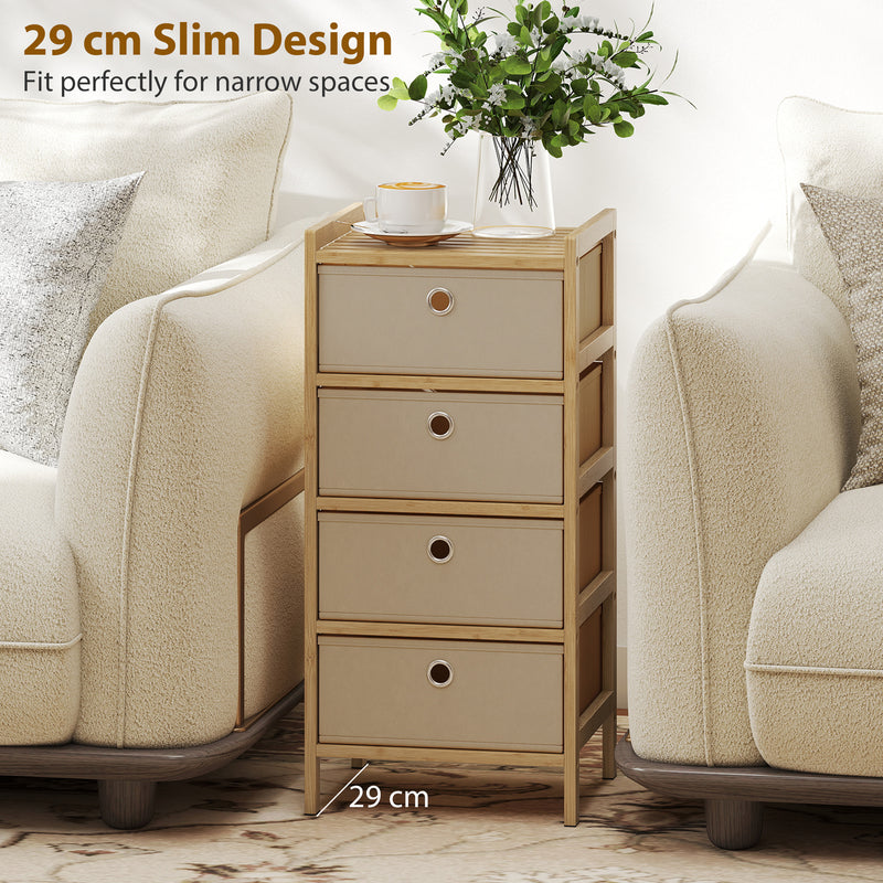 Slim Chest of Drawers for Organised Bedroom Storage with Bamboo Frame and Four Fabric Drawers Cream White AOSOM