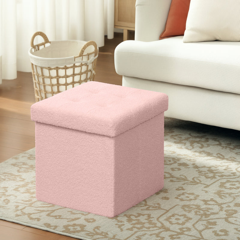 Foldable Sherpa Fleece Storage Ottoman with Removable Lid Ideal for Bedrooms Pink