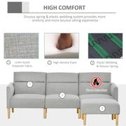 L Shaped Linen Fabric Corner Sofa Bed with Footstool and Wooden Legs for Living Room Light Grey
