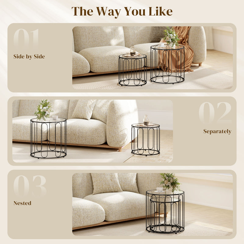 Coffee Tables, Modern Side Tables For Living Room Set of 2 - Tempered Glass & Black Metal Frame