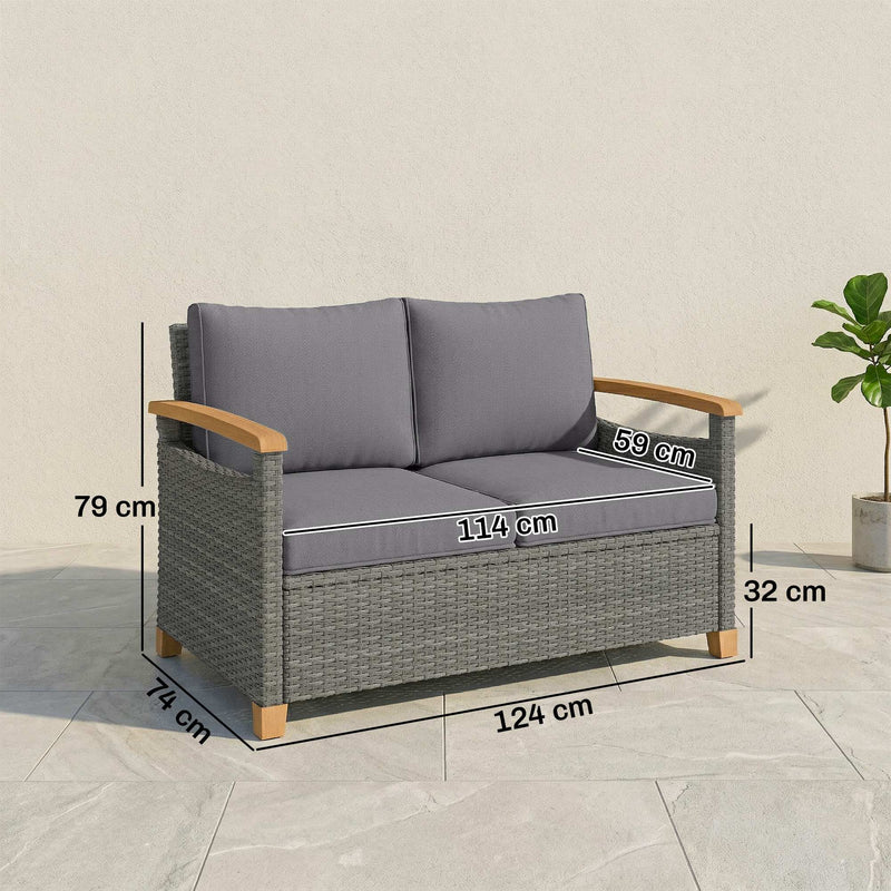 2 Seater Garden Rattan Sofa with Thick Cushions and Supportive Armrests for Outdoor Relaxing Dark Grey Outsunny