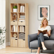 Tall Narrow 6 Tier Bookcase With Drawer And Door For Home Storage Natural Wood Finish AOSOM