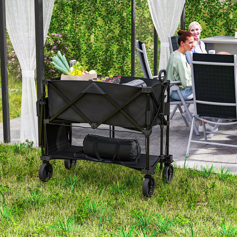 Black Double Decker Folding Trolley Wagon 200kg Load 350L Capacity for Camping and Beach