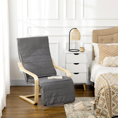 Wooden Reclining Lounger Chair with Adjustable Footrest and Removable Cushion, Dark Grey