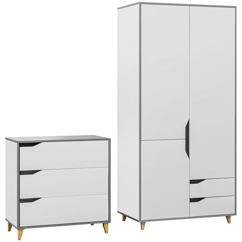 3 Piece Bedroom Furniture Set with Wardrobe and Chest of Drawers for Storage Grey and White AOSOM