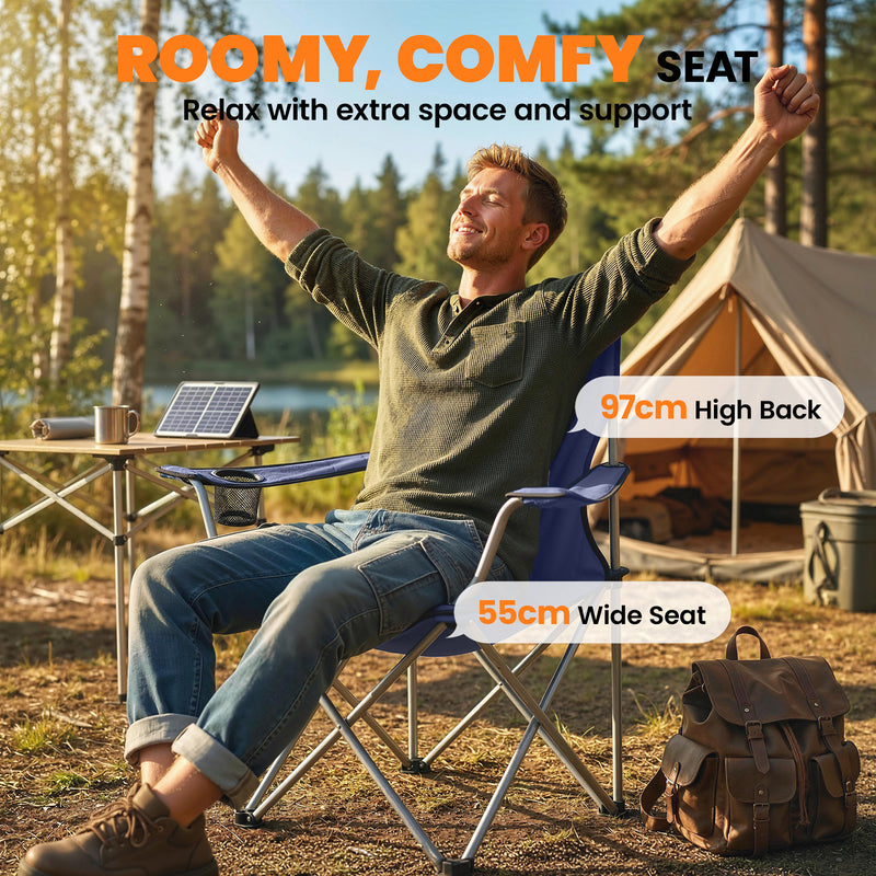 Folding Camping Chair Set of 2 with High Back and Cup Holder for Garden or Campsite Dark Blue