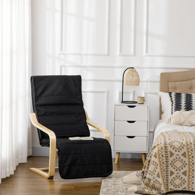 Wooden Reclining Lounger Chair With Adjustable Footrest And Removable Cushion Cover Black