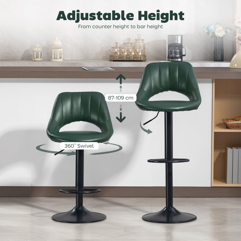 Set of 2 Adjustable Faux Leather Swivel Bar Stools with Footrest for Kitchen Island Dark Green