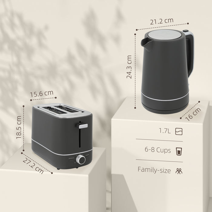 Grey 1.7L Fast Boil Cordless Kettle and 2 Slice Toaster Set With 6 Browning Levels by HOMCOM