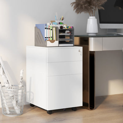 3 Drawer Steel Filing Cabinet with Lock Pencil Tray and Wheels for Home Office Use White