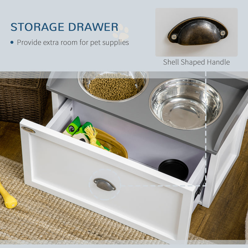 Stainless Steel Raised Dog Bowls With Storage Drawer For Large Pets, White