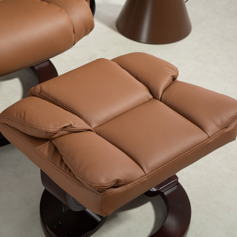 Reclining Swivel Armchair With Footstool And Wooden Base For Lounge Or Office Brown