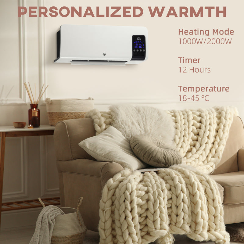 2kW Wall Mounted Electric Heater With Adjustable Thermostat For Home Or Office White