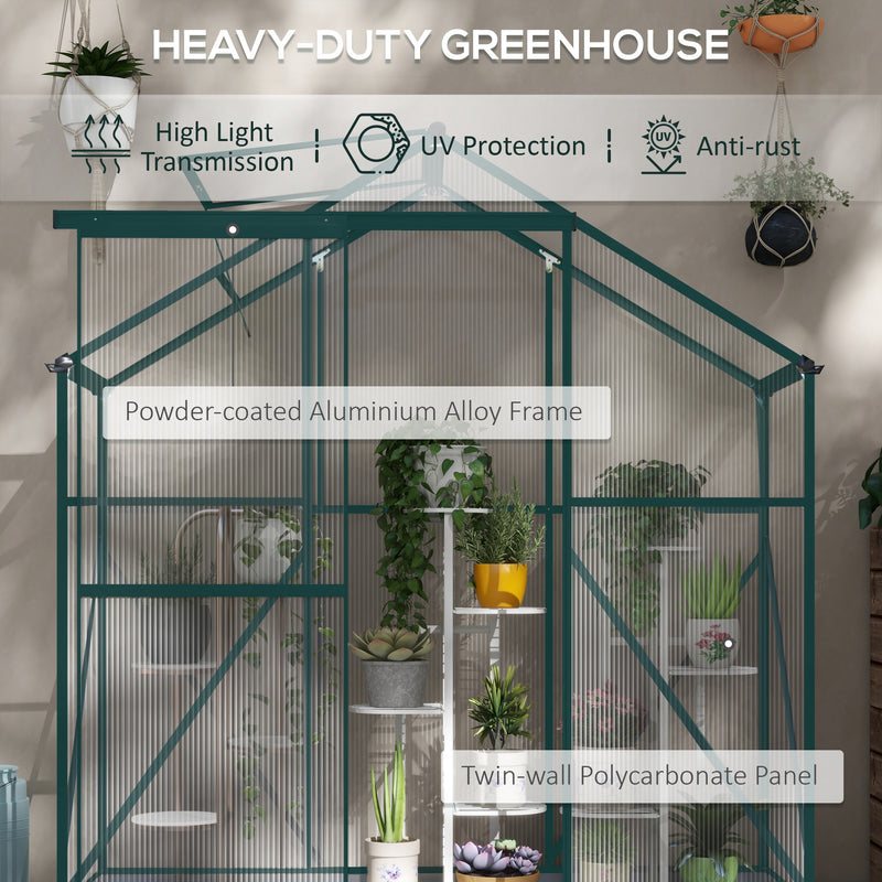 Walk In Polycarbonate Greenhouse With Sliding Door Rain Gutter And Base Frame Green