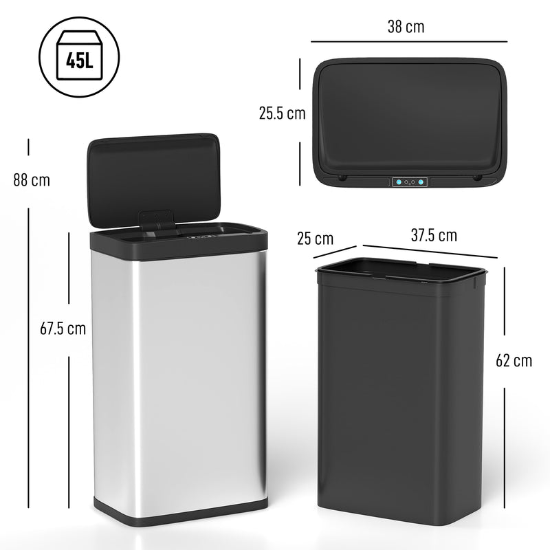 45L Motion Sensor Kitchen Bin with Soft Close Lid for Home or Office Use Silver AOSOM