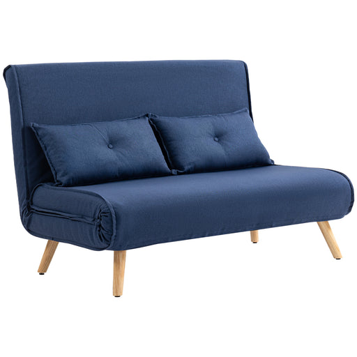 Two Seater Linen Look Sofa Bed Converts to Guest Sleeper for Small Spaces Dark Blue