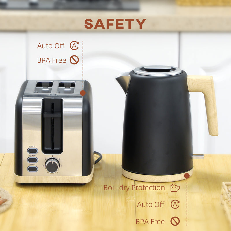 Black Cordless Kettle and Toaster Set 1.7L Fast Boil 3000W with 7 Browning Levels by HOMCOM